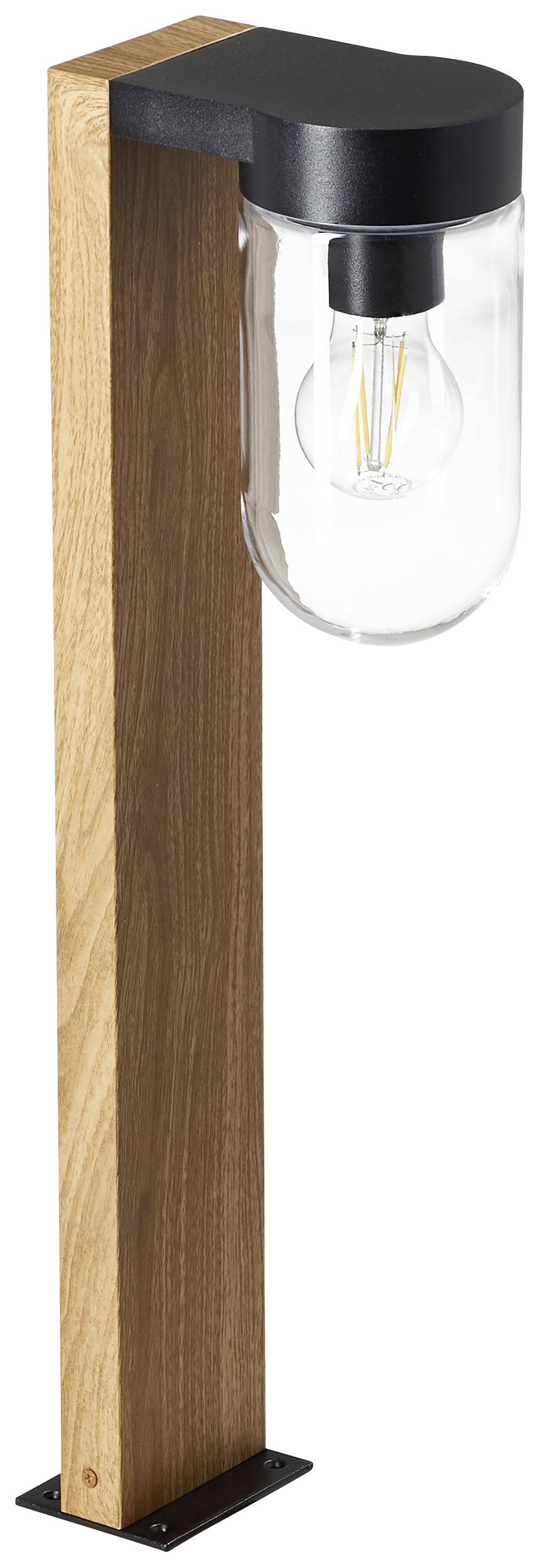 Stojací venkovní lampa ze dřeva s průhledným skleněným stínidlem a viditelnou žárovkou. Černé kovové akcenty na horní části.