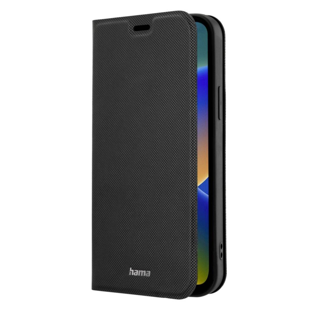 Černý obal na smartphone, lehce otevřený, odhaluje displej. Navržen pro ochranu a snadný přístup k funkcím.