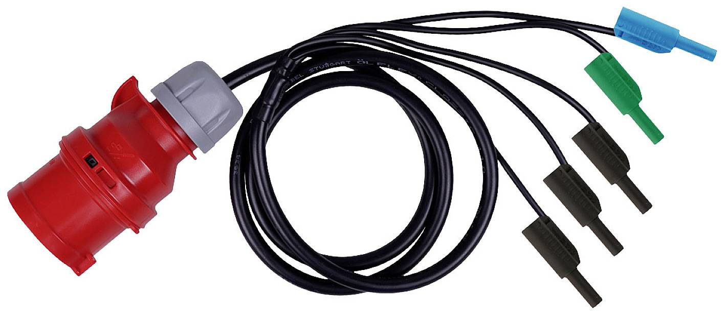 Červený elektrický adaptérový kabel s jednou zástrčkou na jedné straně a čtyřmi kabely s různými konektory na straně druhé.