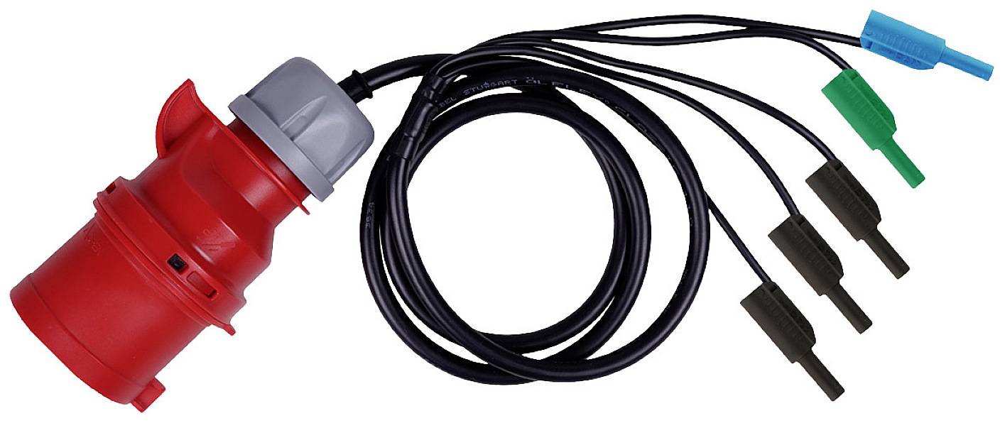 Červený CEE konektor s několika černými kabely, které končí v zelených a modrých zástrčkách. Používá se pro průmyslové elektrické připojení.