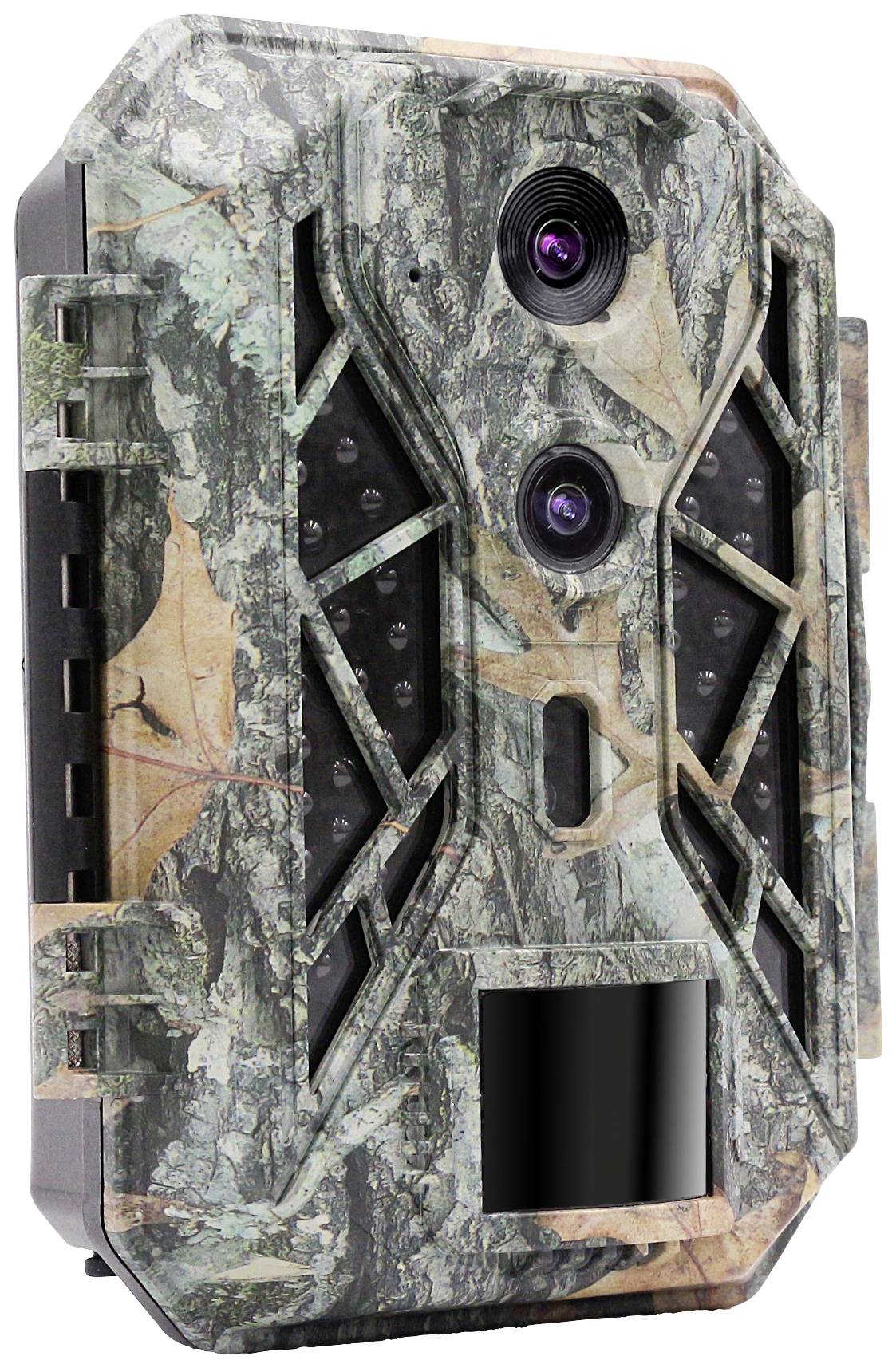 Fotopast s maskáčovým vzorem a dvěma objektivy. Je navržena pro pozorování zvířat ve volné přírodě.