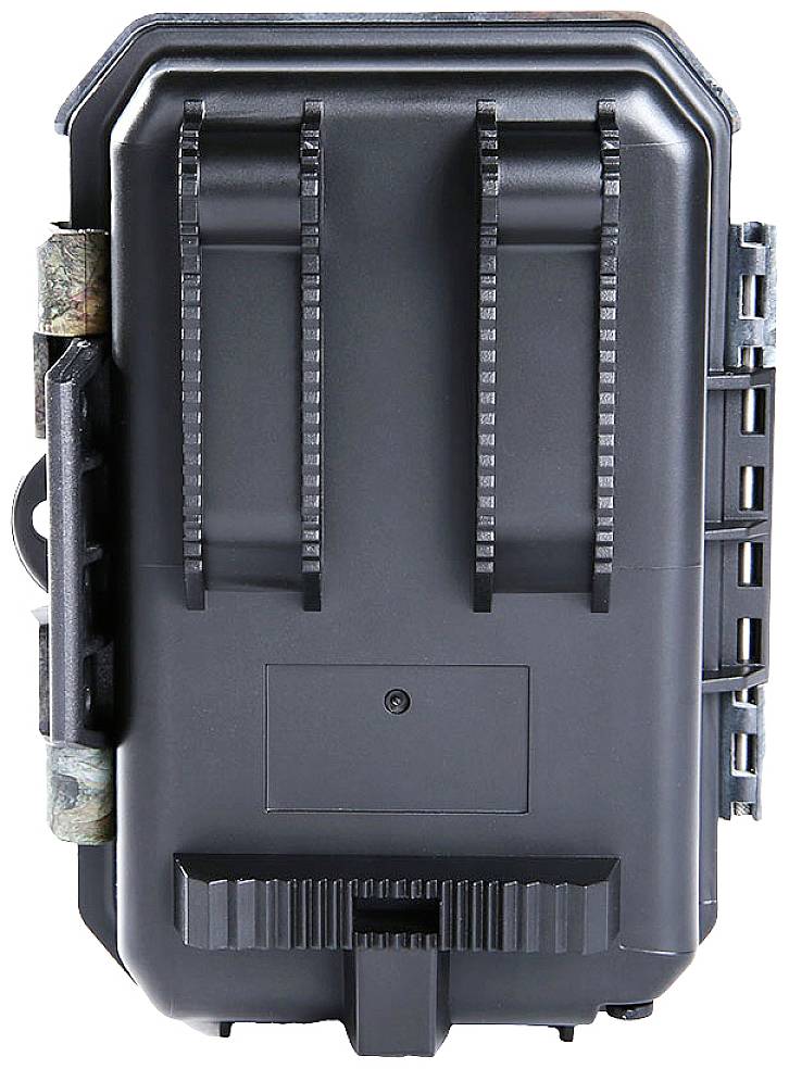 Černá, obdélníková fotopast s popruhem a uzavřeným tělem, vhodná pro použití v přírodním prostředí.