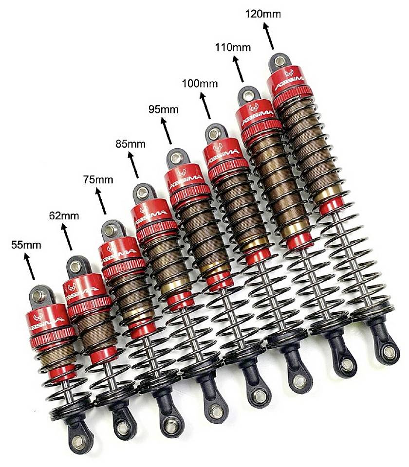 Sedm tlumičů v různých délkách od 55 mm do 120 mm, seřazených od nejmenšího po největší, s červenými a metalickými prvky.