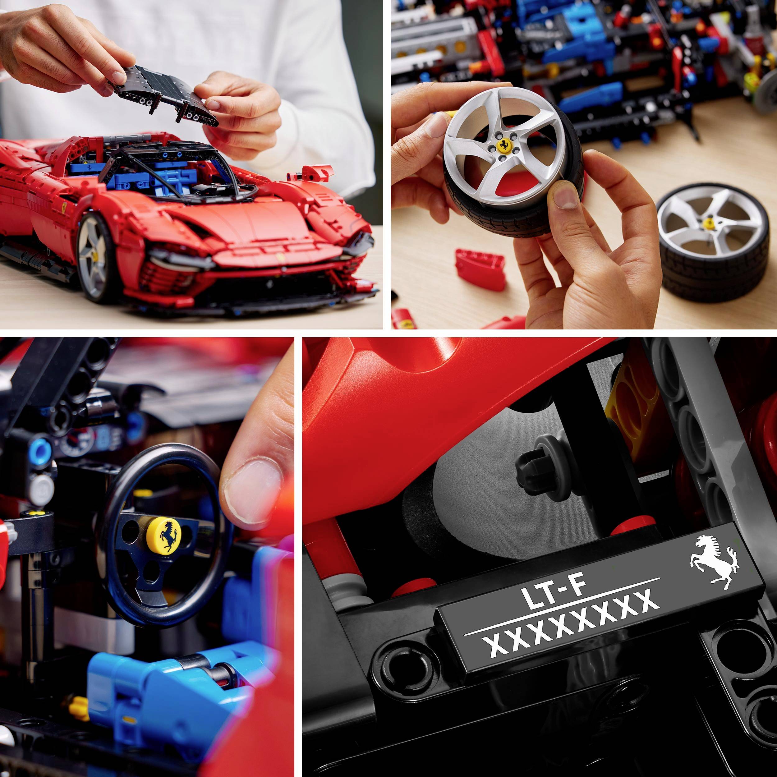 Model auta je stavěn z Lego kostek. Jedna osoba přidává kostky a drží kolo. Detailní záběr volantu a poznávací značky.