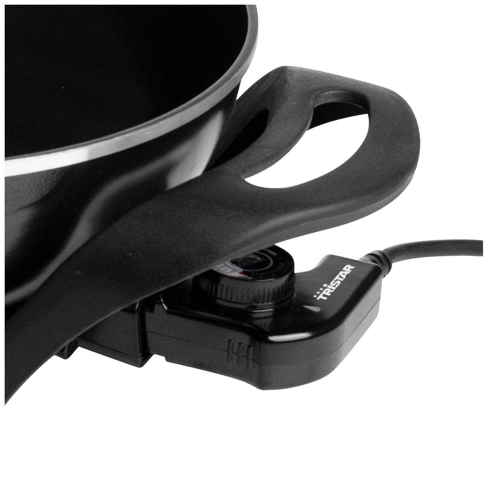 Elektrický hrnec s regulací teploty a držadlem, vhodný pro vaření na plotýnce.