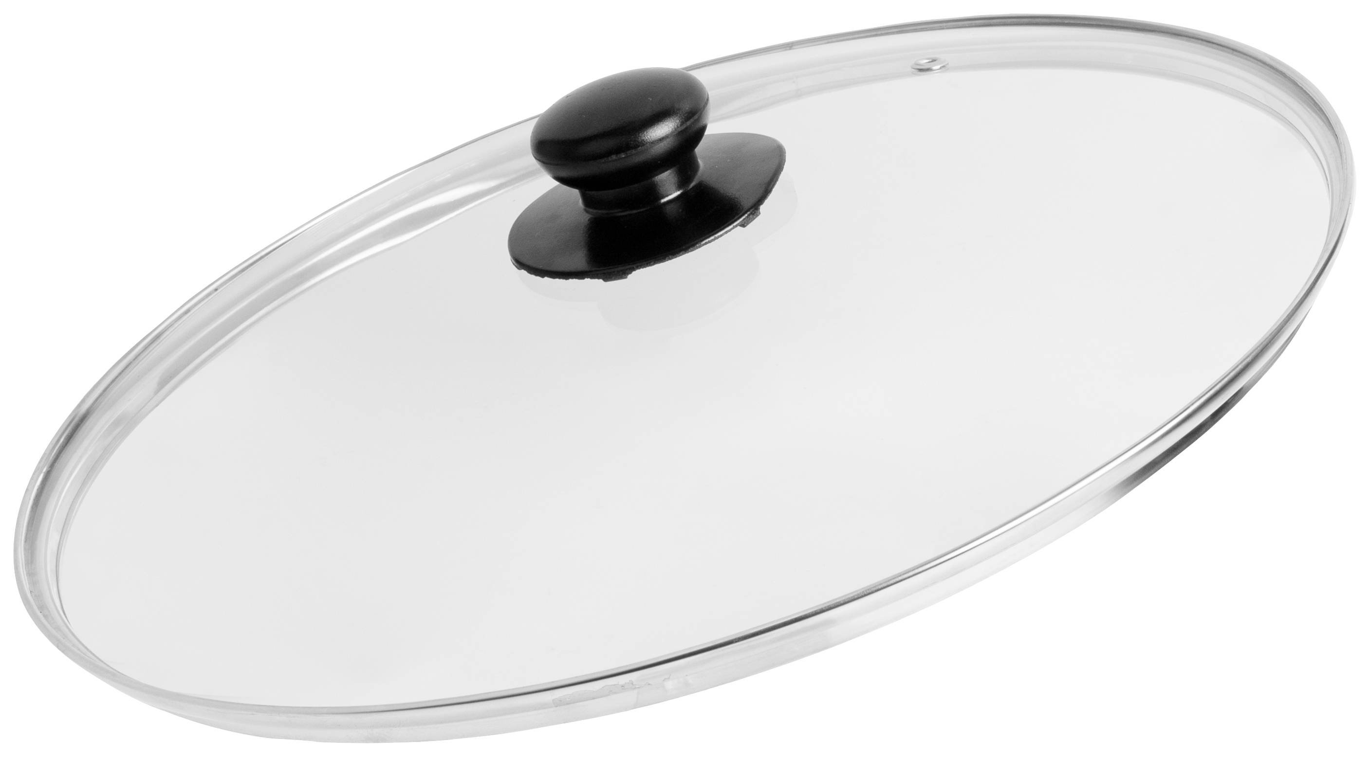 Skleněné víko s černou, kulatou rukojetí. Okraj víka je vyroben z kovu.