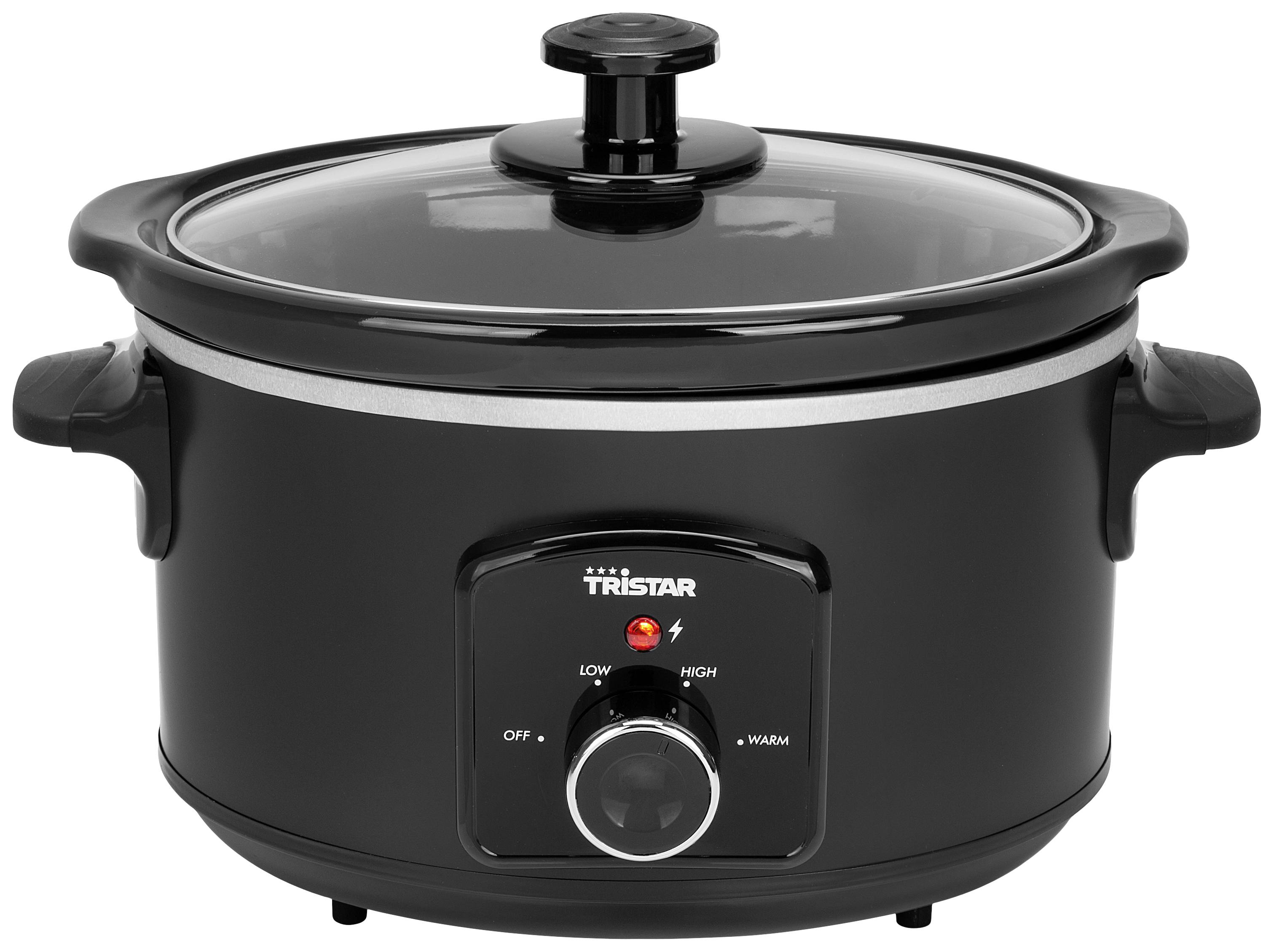 Černý elektrický pomalý hrnec s tlačítkem vpředu pro nastavení teploty, s popisy "Nízký", "Vysoký" a "Teplý".