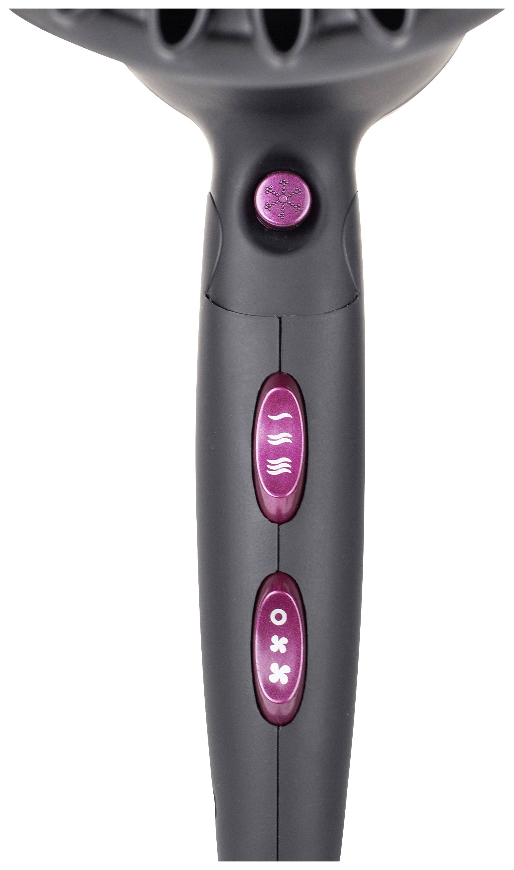 Černý fén s fialovými tlačítky pro ovládání intenzity vzduchu a teploty.