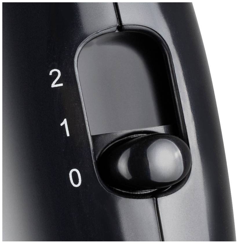 Detailní záběr černého přepínače s polohami '0', '1' a '2', pravděpodobně z domácího spotřebiče.