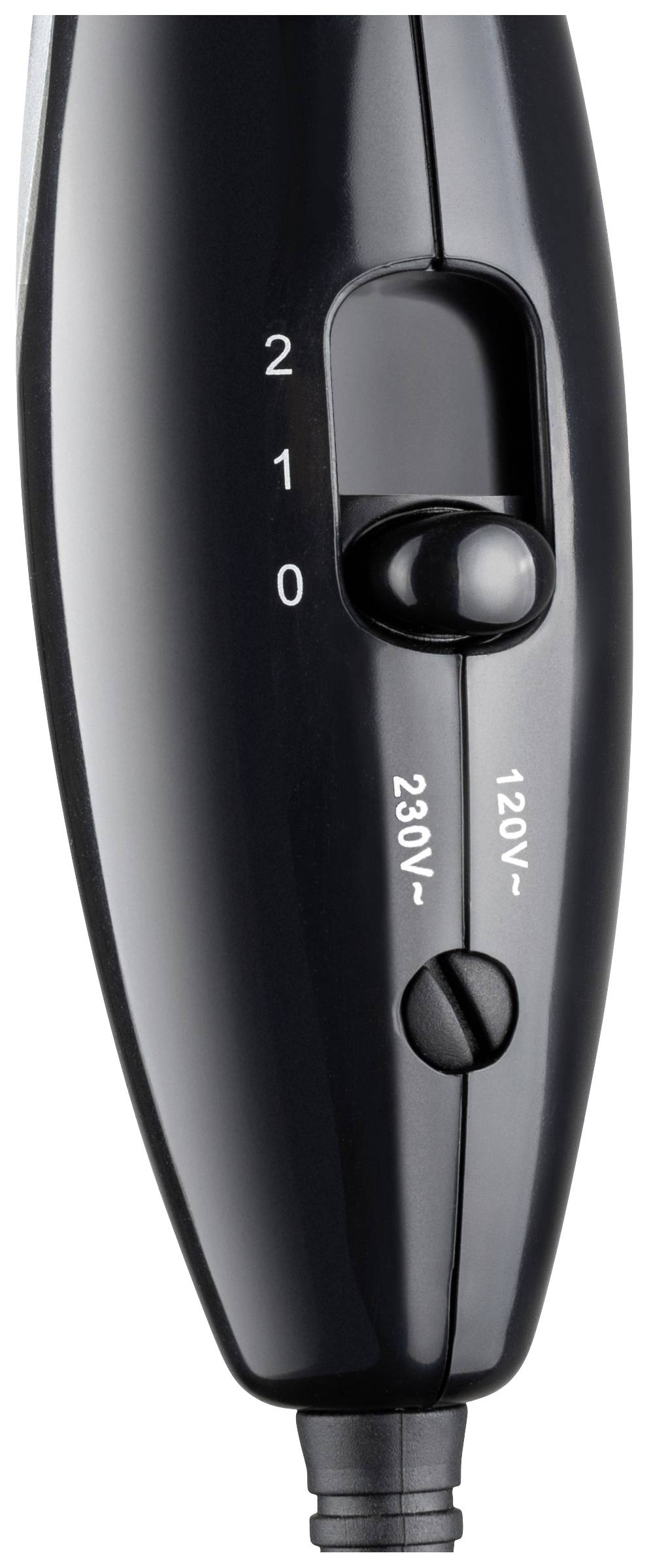 Černošedý zkoušeč napětí se spínačem pro 230V nebo 120V a indikací měřicích úrovní 0, 1, 2 na přední straně.