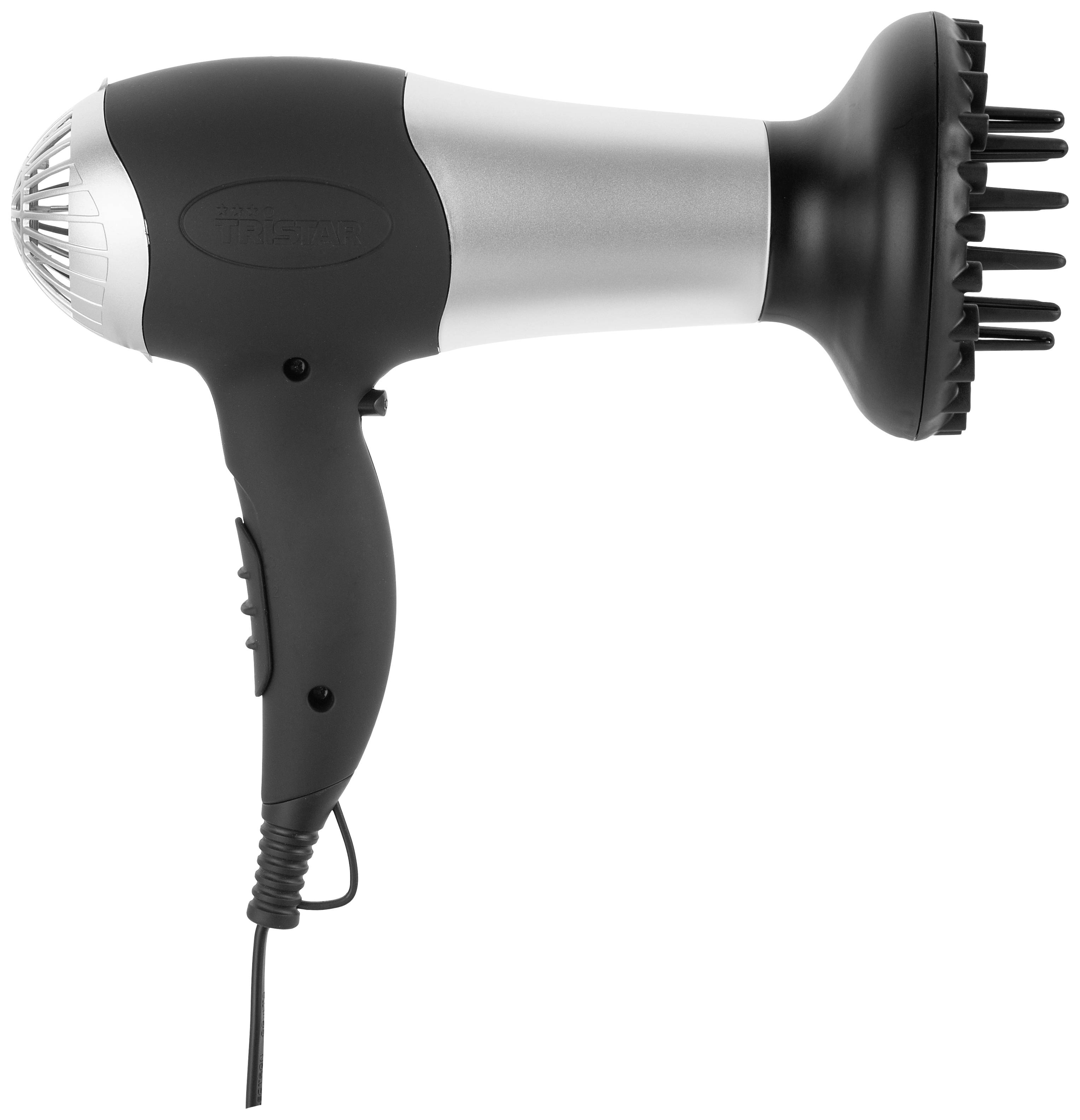 Moderní fén s difuzérem, šedočerný design, elektrické napájení. Ideální pro styling vlasů.