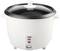 Bílý rýžovar se snímatelným skleněným víkem. Na přední straně jsou tři tlačítka označená 'Udržování tepla' a 'Vaření'.
