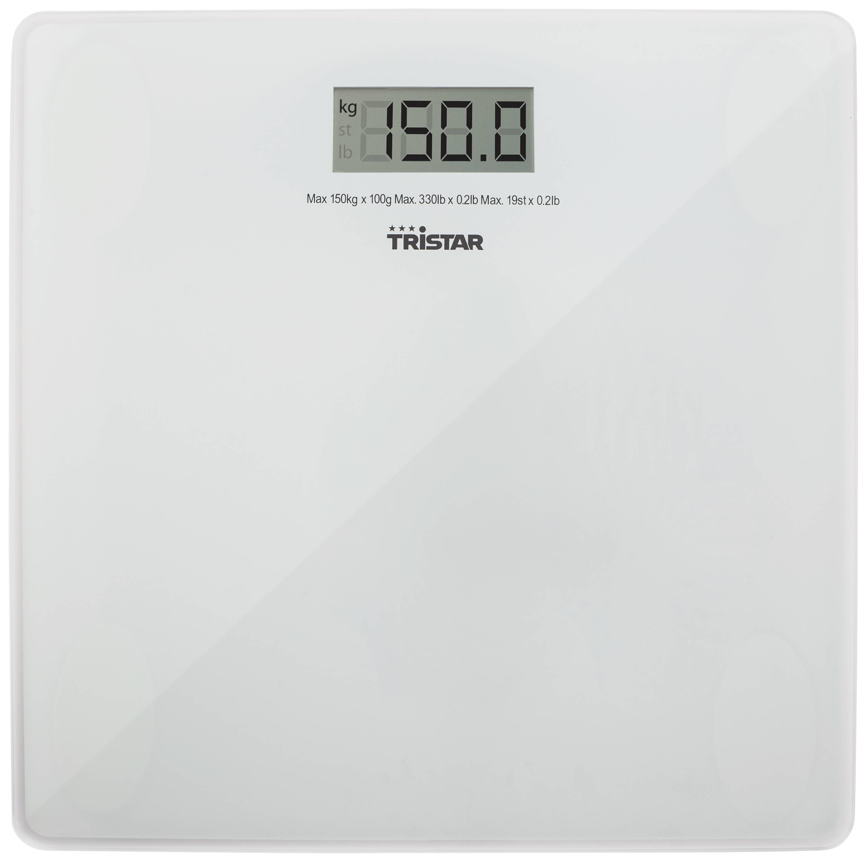 Digitální osobní váha ukazuje hmotnost 150,0 kg. Je vhodná jak pro kilogramy, tak i pro libry.