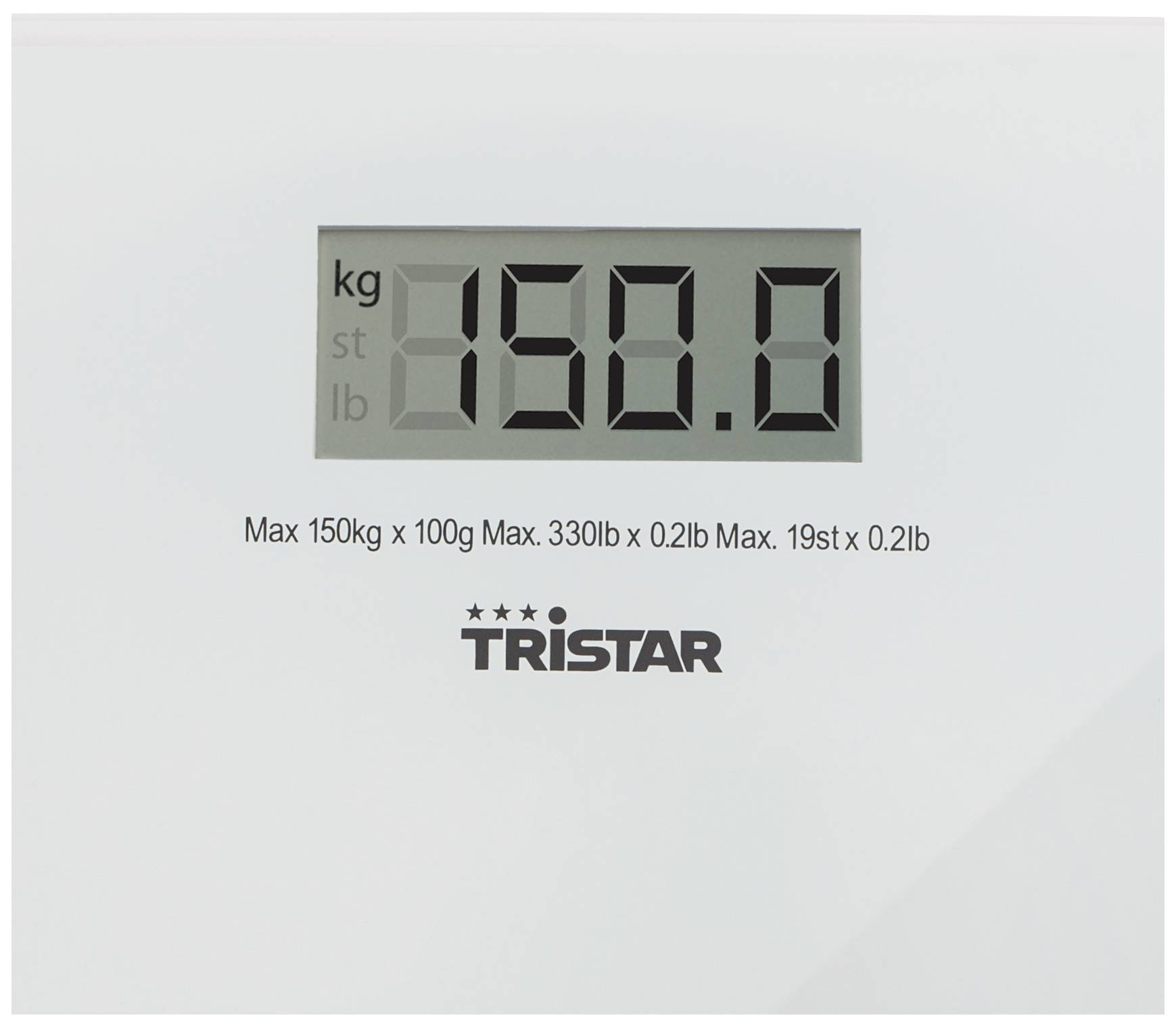 Digitální váha s displejem s hmotností '150,0 kg'. Níže značka 'Tristar'. Maximální kapacita 150 kg.