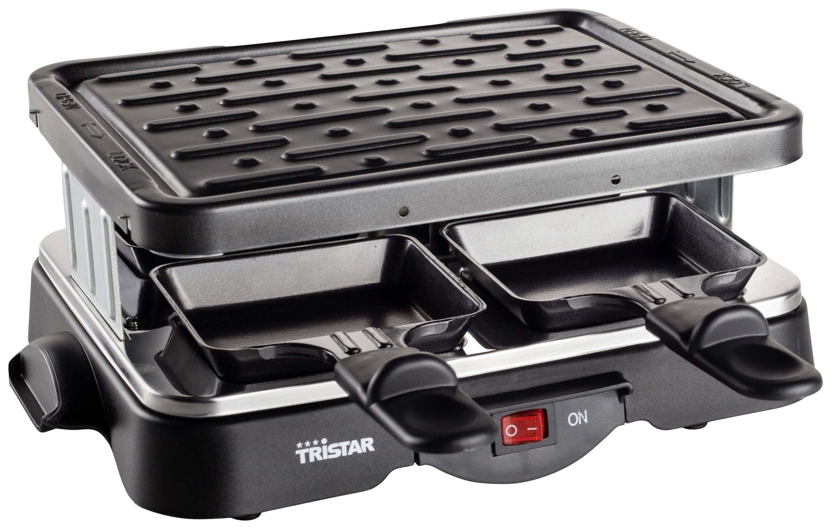 Elektrický raclette gril s nepřilnavým povrchem grilovací desky a dvěma malými pánvičkami, vhodný pro společenské posezení u jídla.