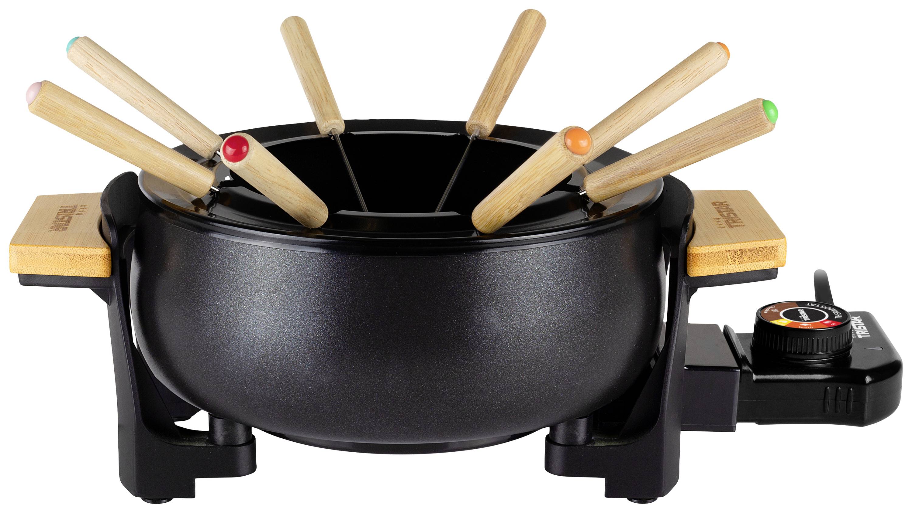 Elektrická fondue sada se šesti barevně označenými dřevěnými vidličkami v černém hrnci. Vhodné pro společné vaření.