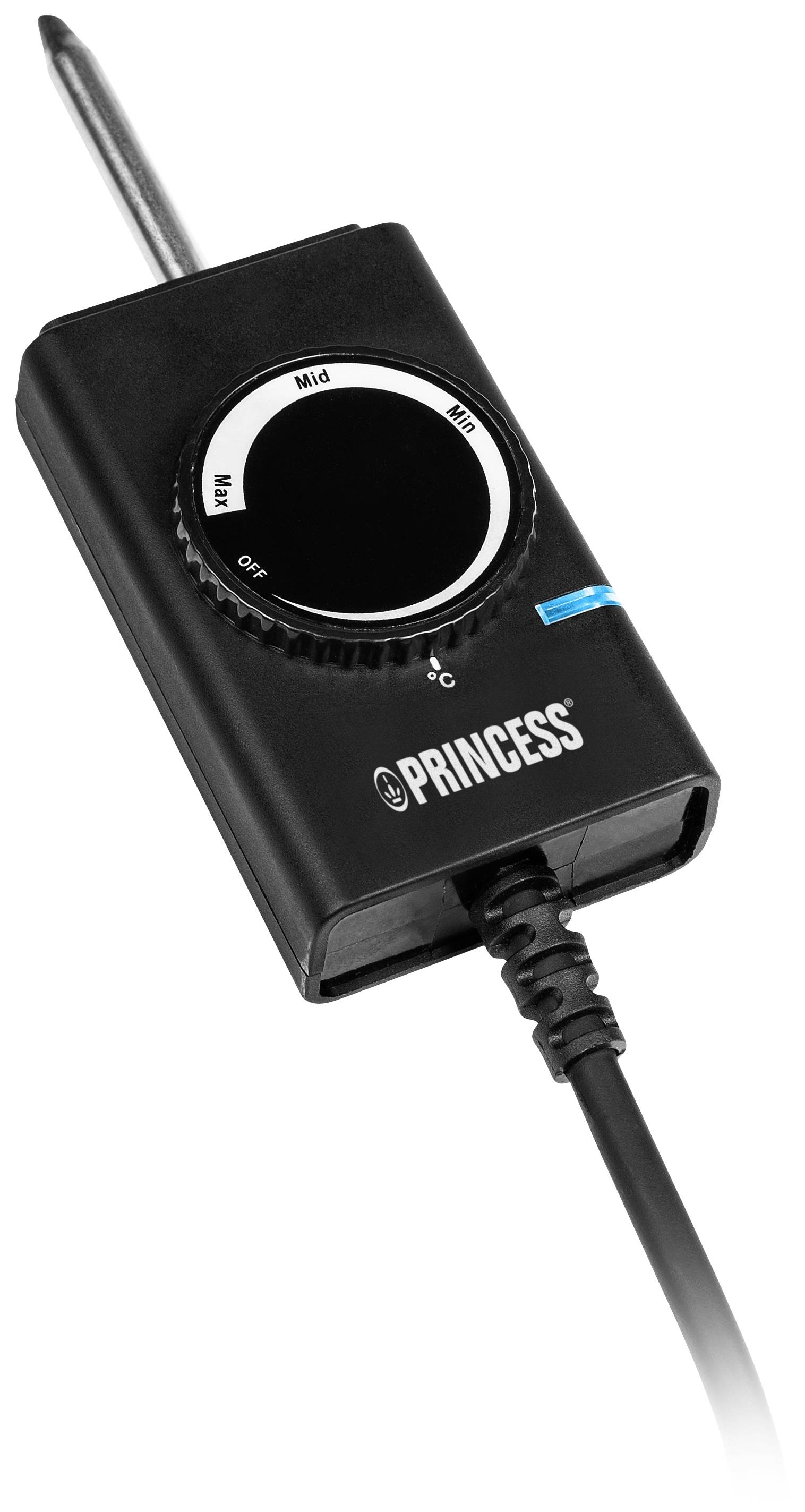 Černý elektrický termostat se stříbrným otočným knoflíkem, kontrolkou a teplotním displejem na přední straně. Označený nápisem 'Princess'.