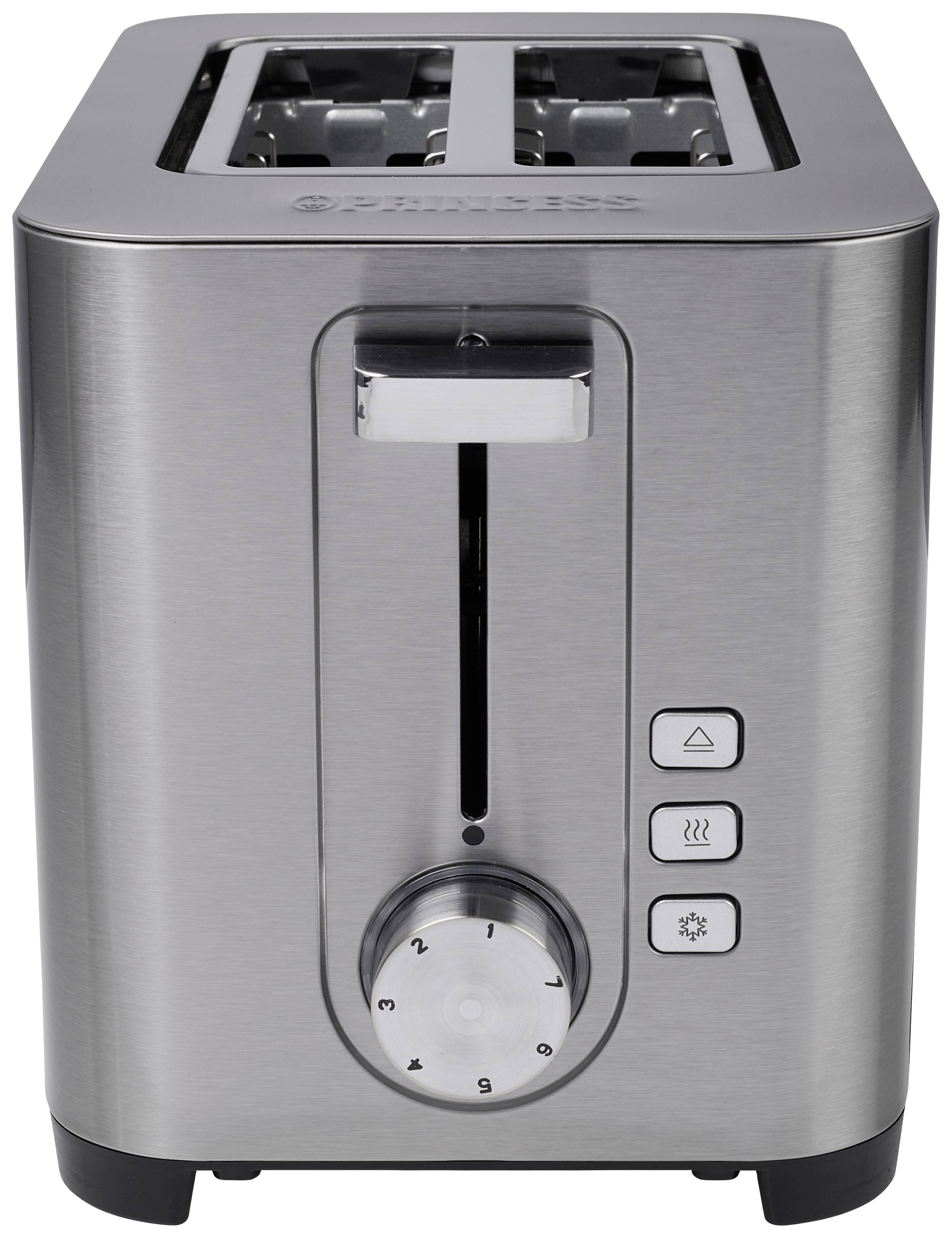 Nerezový toustovač se dvěma otvory, otočným ovladačem pro nastavení stupně opečení a třemi tlačítky pro ohřev, rozmrazování a zastavení.