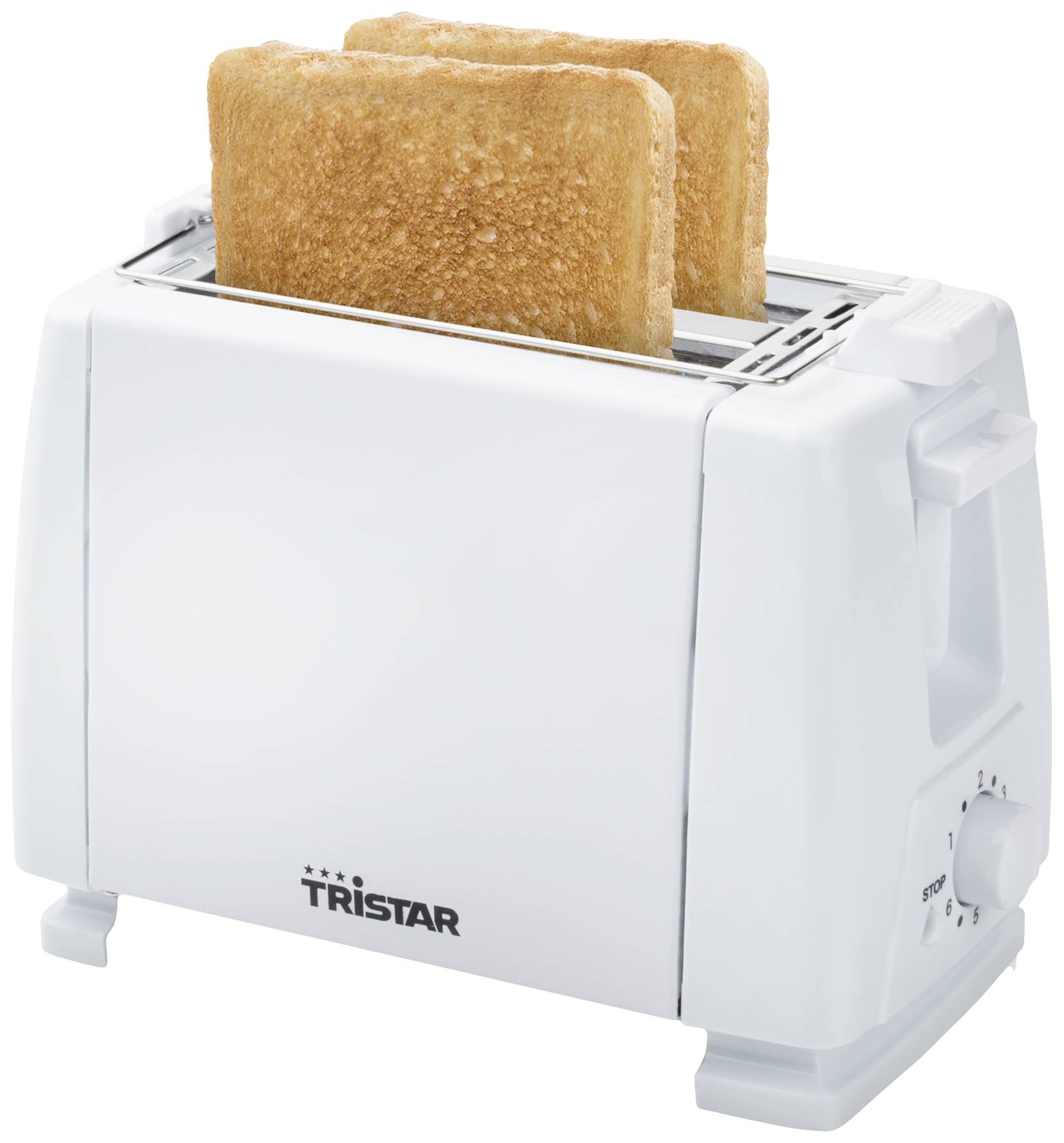 Bílý toustovač se dvěma zlatohnědě opečenými toasty. Po straně je viditelné ovládání s otočným knoflíkem.