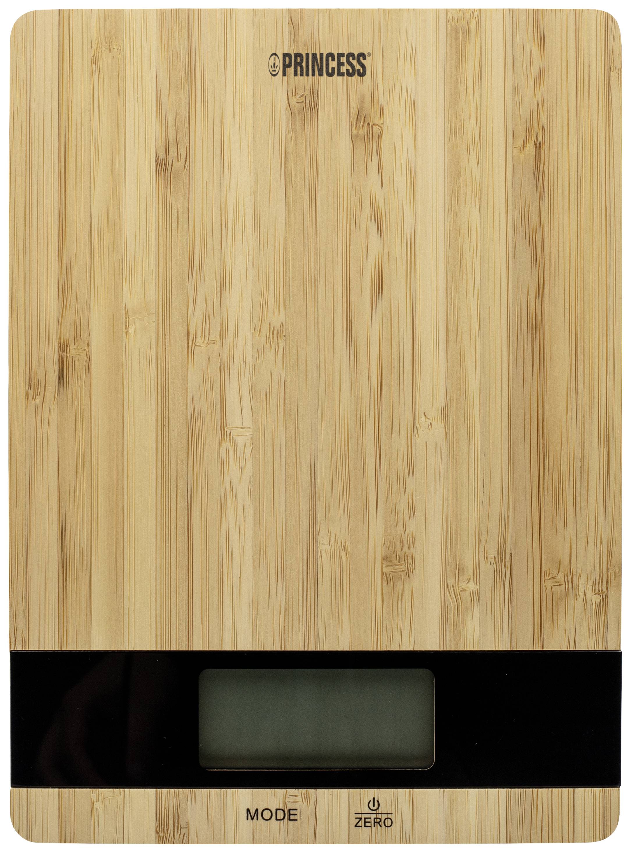 Digitální kuchyňská váha z bambusu s LCD displejem a tlačítky pro režim a nulování.
