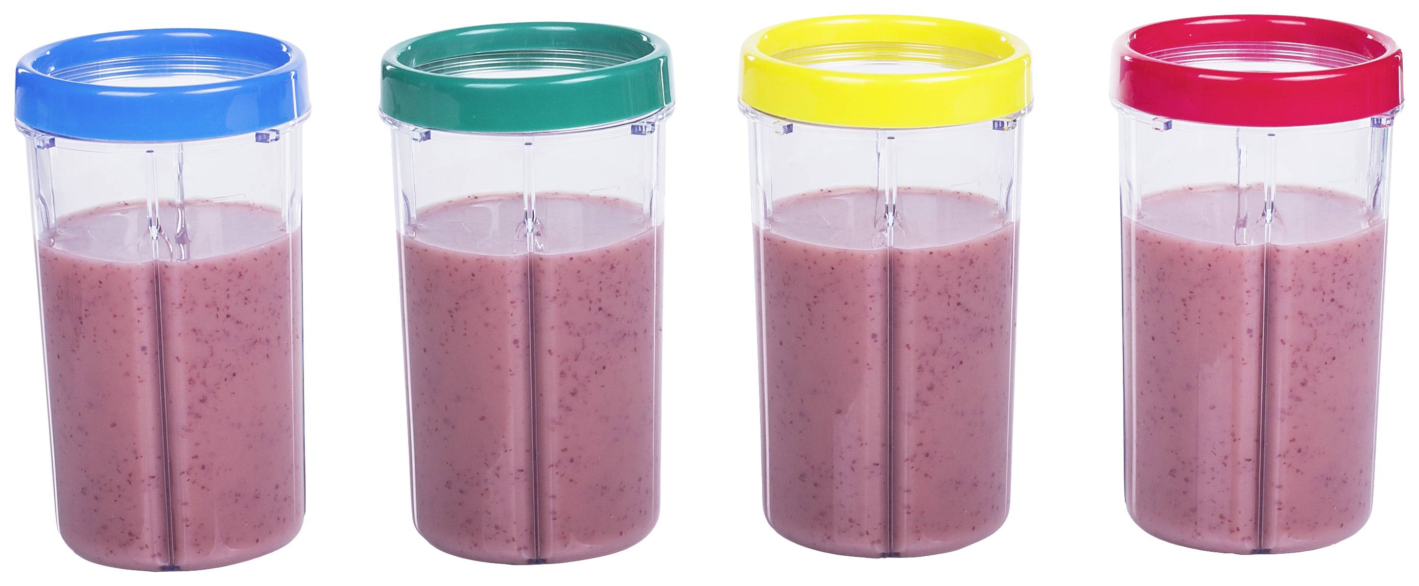 Čtyři průhledné poháry s červenými smoothies, každý zakrytý víčkem v modré, zelené, žluté a červené barvě.