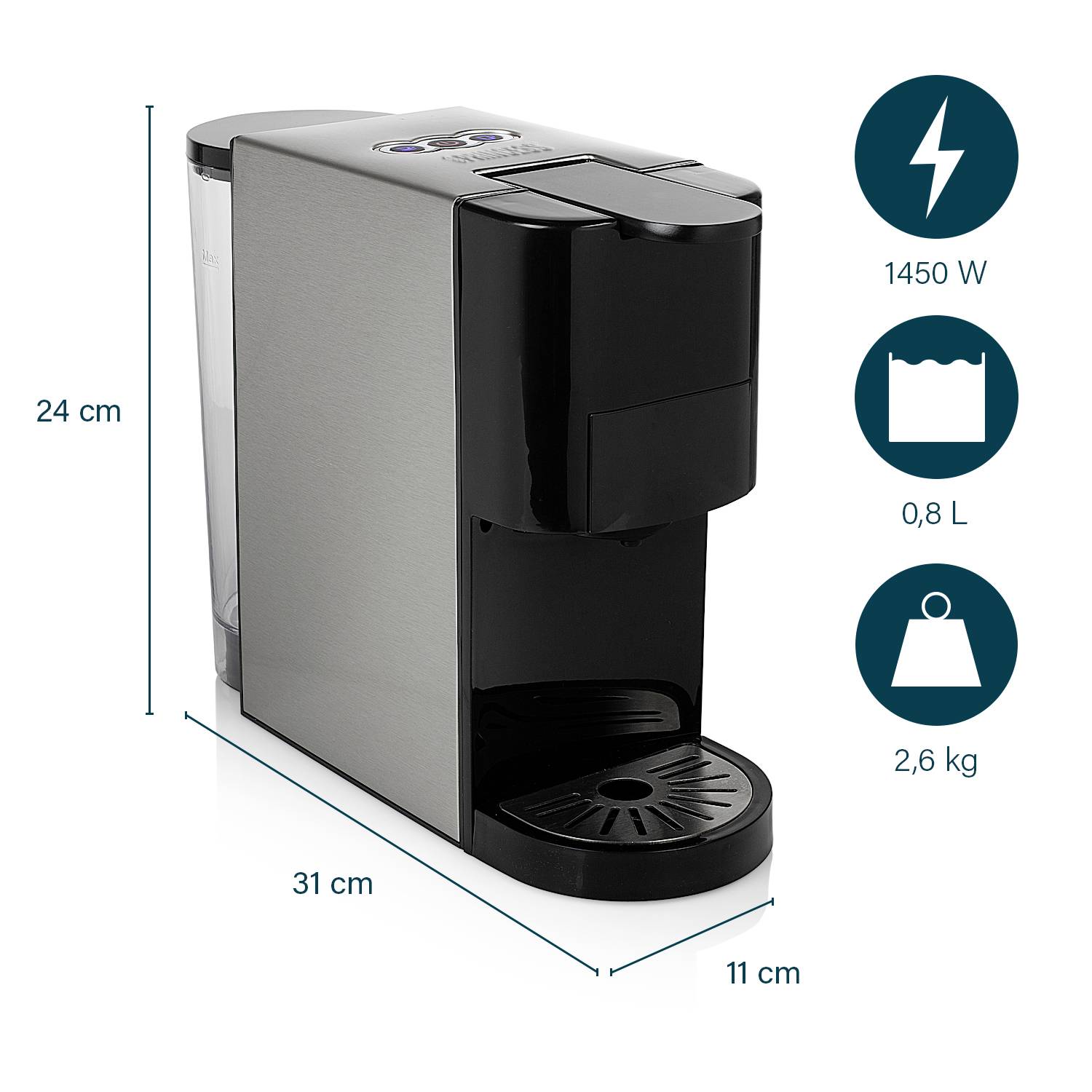 'Kompaktní kávovar s nádrží na vodu o objemu 0,8 litrů, příkonem 1450 wattů a hmotností 2,6 kg. Rozměry: 24 cm vysoký, 31 cm hluboký, 11 cm široký.'