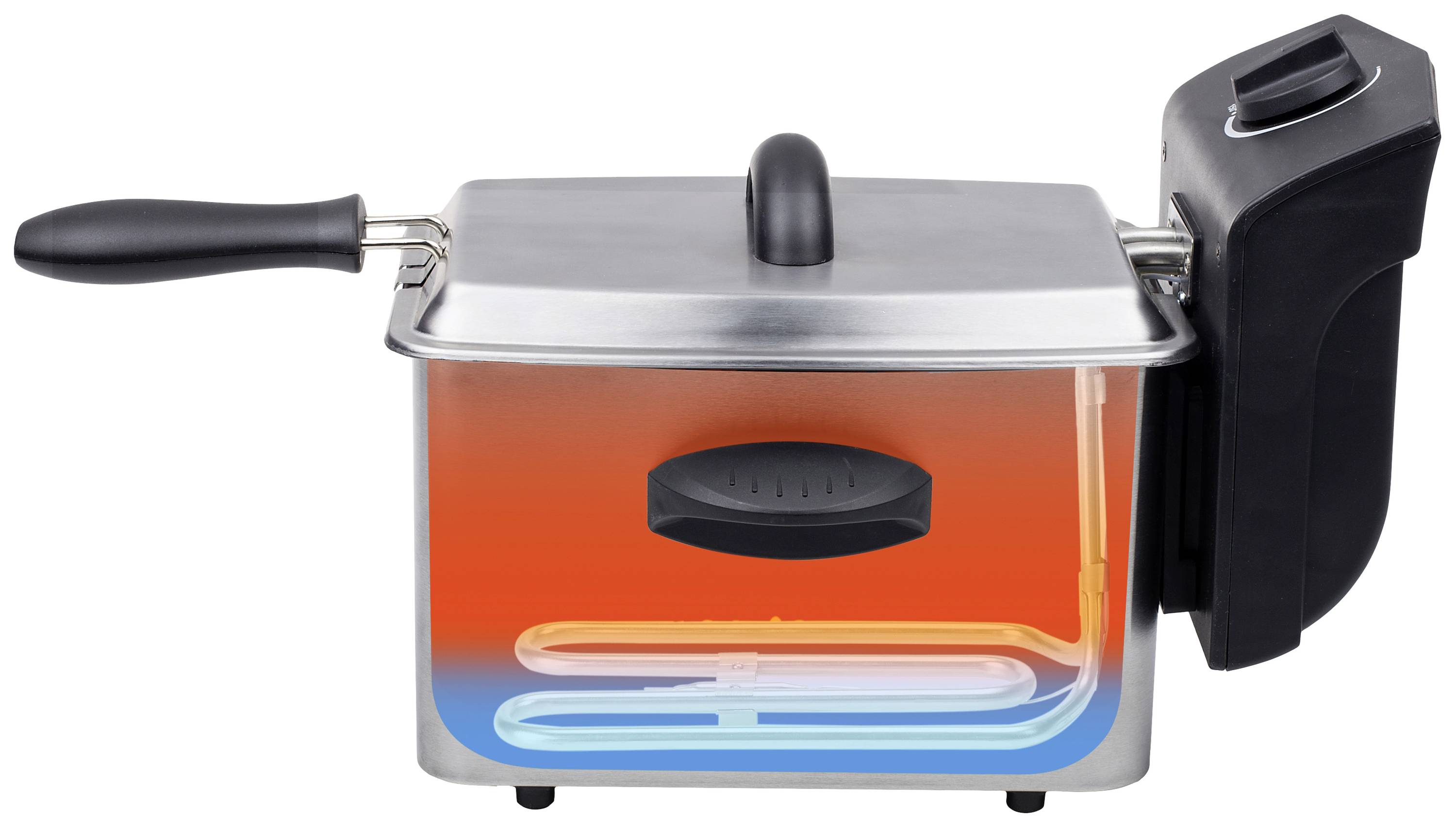 Elektrická fritéza s odnímatelným víkem a topným mechanismem po straně. Transparentní design odhaluje topné prvky uvnitř.