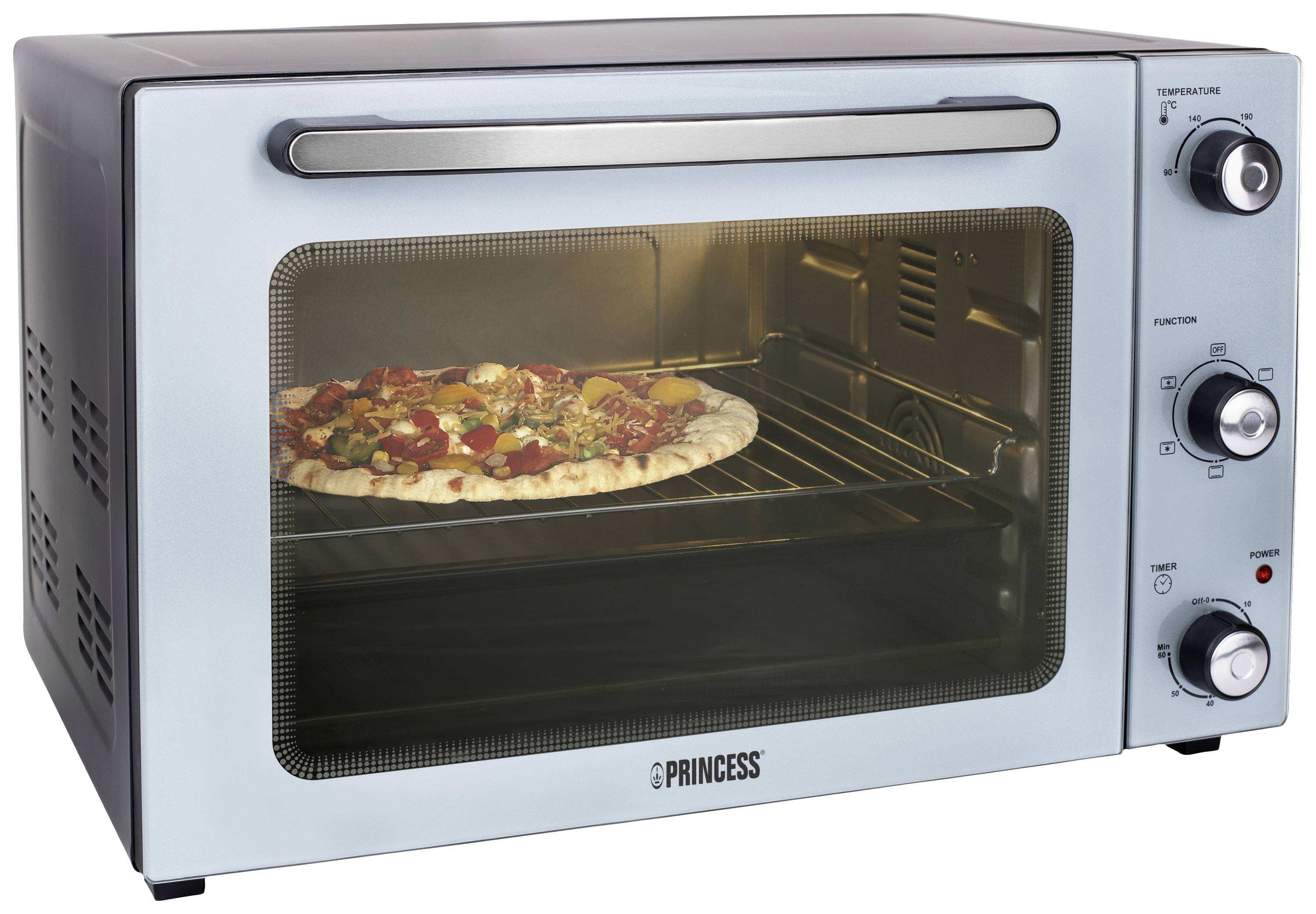Kompaktní pečicí trouba se skleněnými dvířky, uvnitř pizza na středním roštu při otevřených dvířkách trouby. Vpravo jsou ovládací tlačítka.