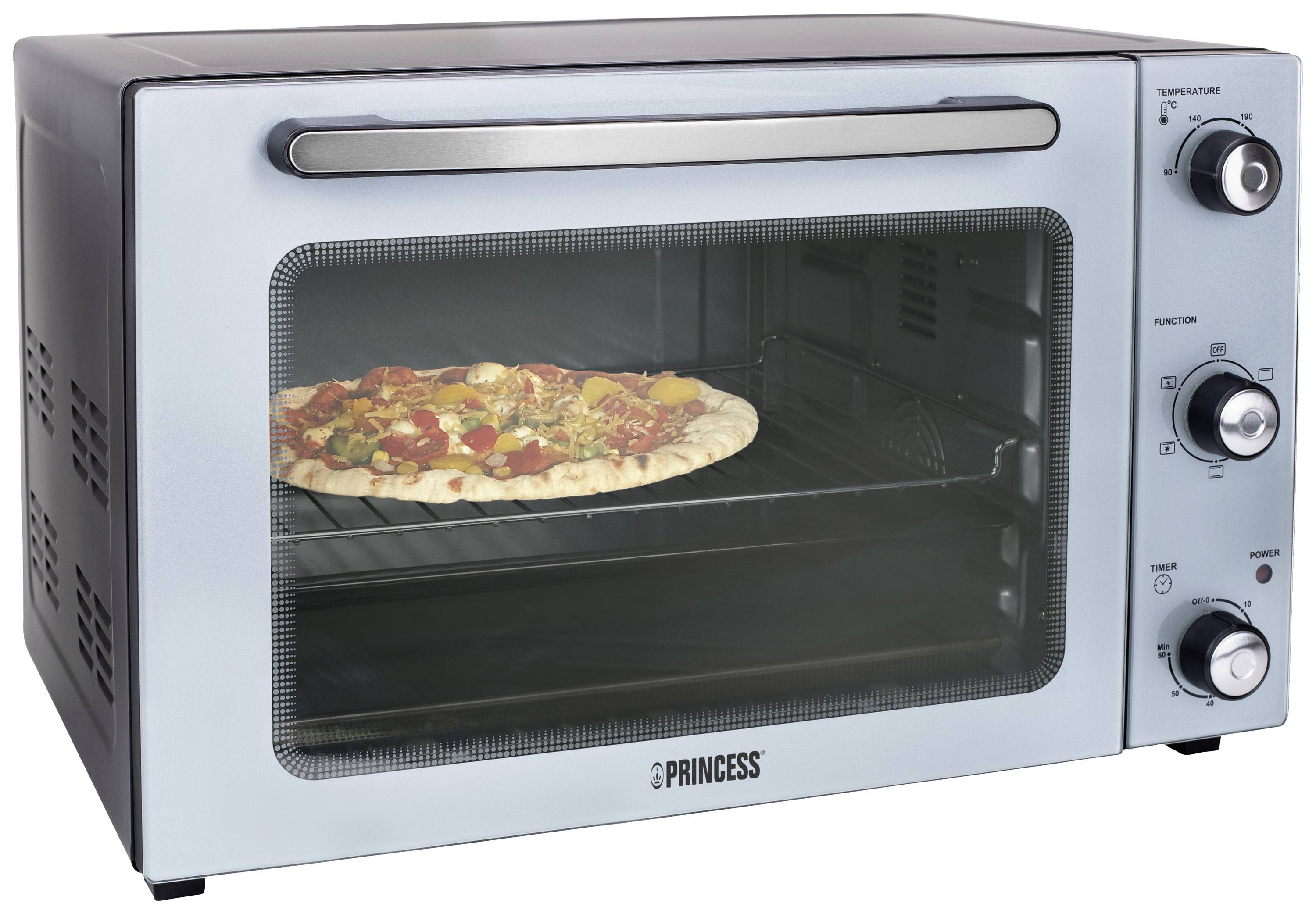 Malá elektrická trouba se skleněnými dvířky, uvnitř obsahující pizzu. Ovládací knoflíky teploty a funkcí jsou umístěné napravo po straně.