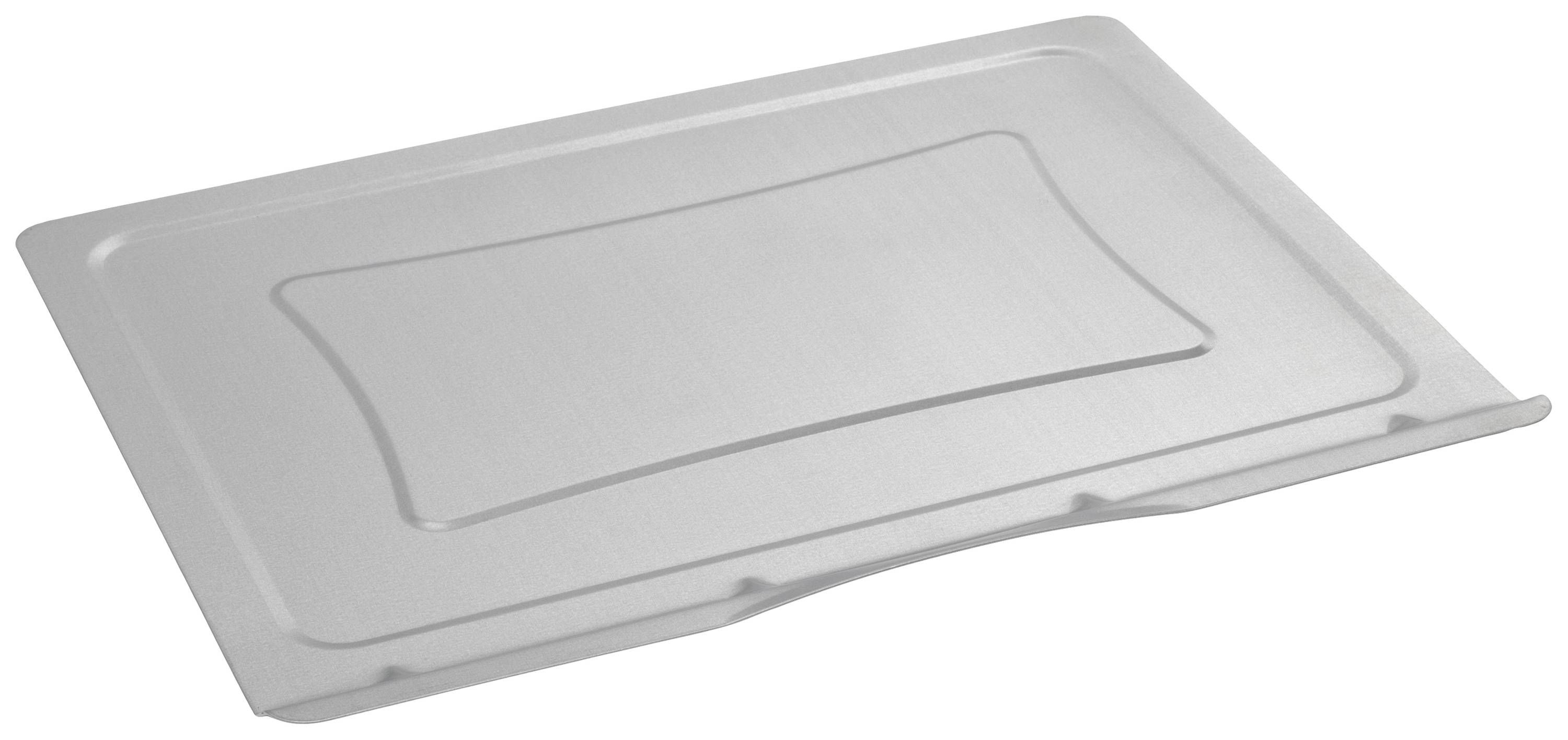 Nerezový poklop pro gastronormní nádoby, obdélníkového tvaru, s mírně vyvýšeným okrajem a centrální prohlubní.