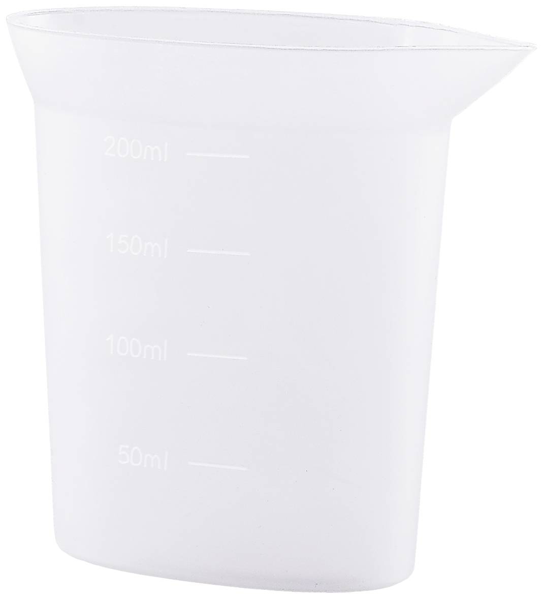 Průhledný plastový měřicí pohárek se stupnicemi pro 50 ml, 100 ml, 150 ml a 200 ml.