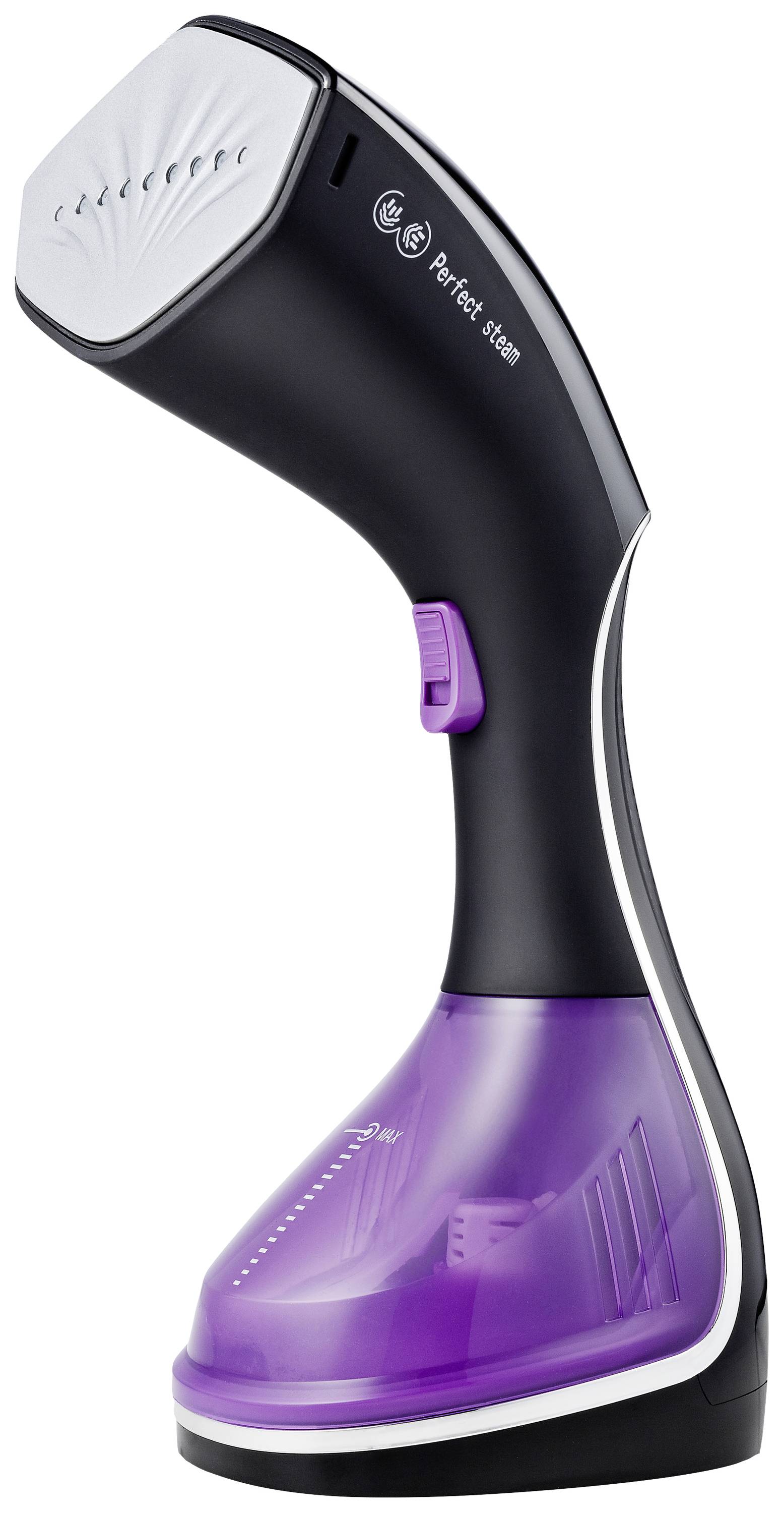 Přenosná parní žehlička s fialovým zásobníkem na vodu, ergonomickou rukojetí a černým tělem. Ideální pro žehlení oblečení.