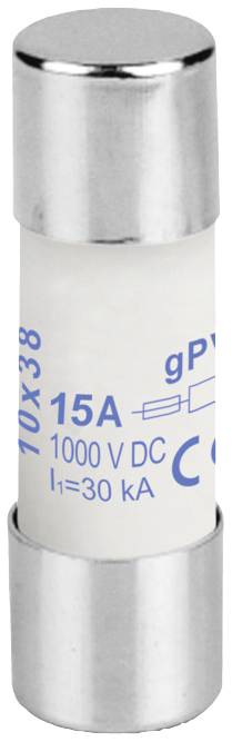 Válcová pojistka s nápisem '10x38', '15A', '1000V DC' a 'I1=30 kA' na krytu.