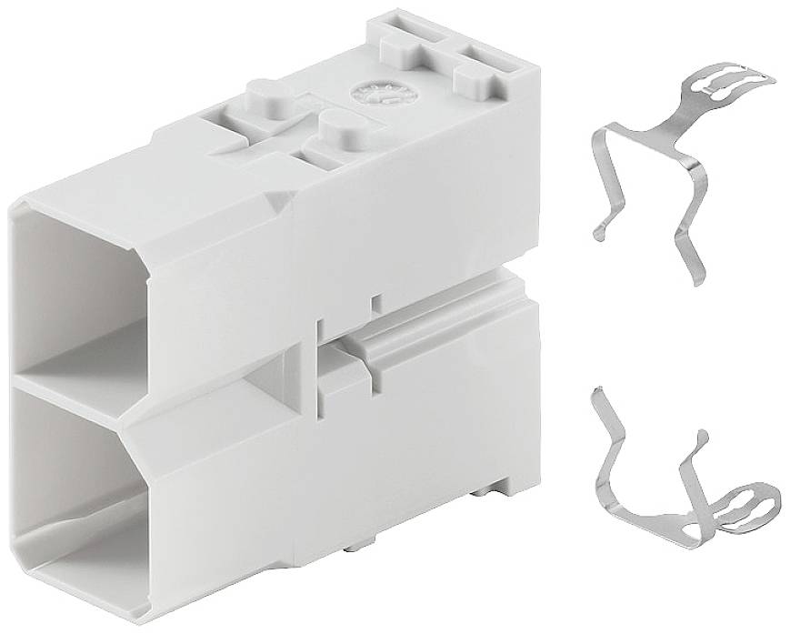 Bílé plastové komponenty skládající se z obdélníkového pouzdra a dvou kovových sponek, které se používají pro elektrické spoje.