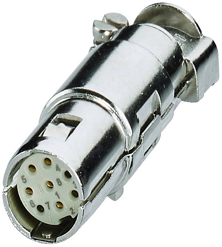 Kovový konektor s vícepólovými kontakty a blokovacím mechanismem, vhodný pro elektronické připojení a přenos signálů.