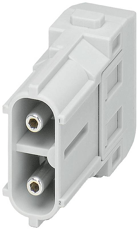 Šedý, obdélníkový dvoupólový elektrický konektor pohledem z boku.