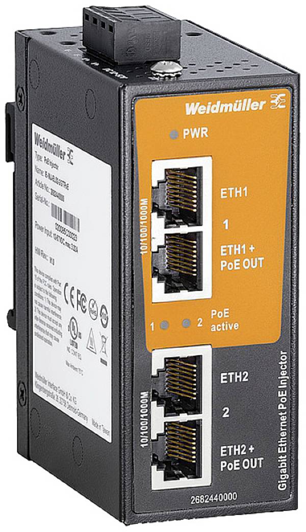 Weidmüller IE-INJ-EL02-2GTPOE PoE injektor 1 GBit/s IEEE802.3af (15,4 W), IEEE802.3at (30 W)