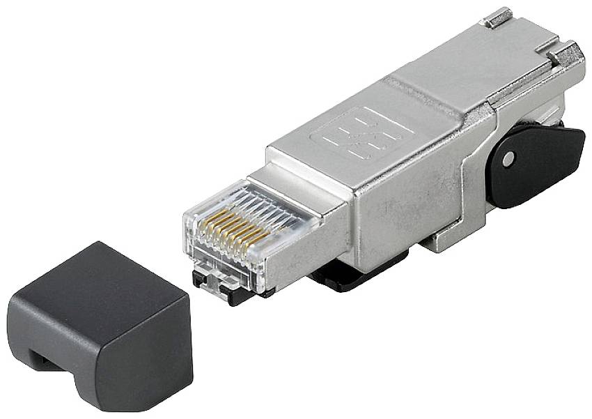 Stříbrně zbarvený konektor RJ45 vedle černého ochranného krytu, vhodný pro síťová připojení.