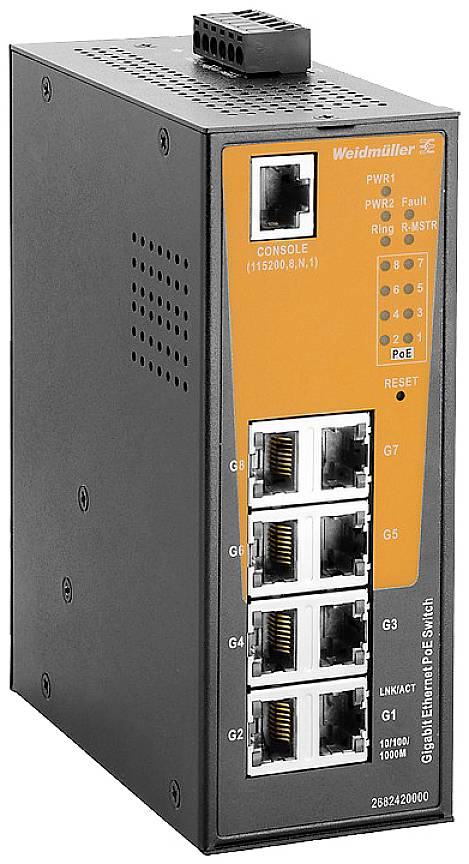 Průmyslový ethernetový switch s osmi ethernetovými porty, z nichž čtyři jsou schopné PoE (vyznačeny černou barvou), s indikací na konzoli.