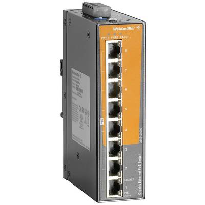 Síťový switch od Weidmülleru s osmi ethernetovými porty, vhodný pro napájení po ethernetovém kabelu (PoE), průmyslový design, vertikální montáž.