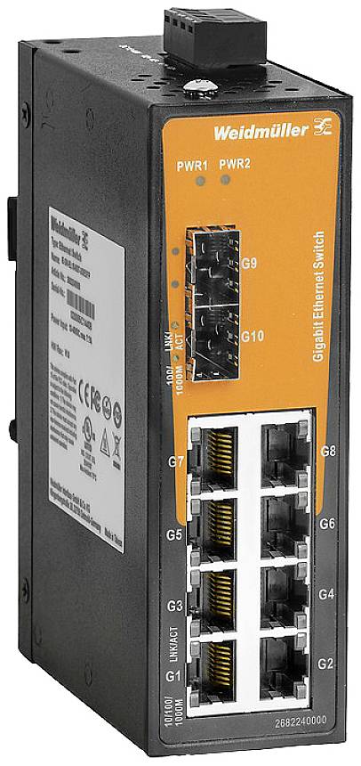 Průmyslový ethernetový switch značky Weidmüller s několika síťovými rozhraními pro spolehlivé datové připojení v průmyslovém prostředí.