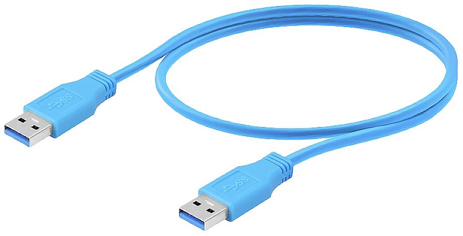 Modrý USB kabel se dvěma konektory. Hodí se k propojení zařízení jako jsou počítače nebo periferní zařízení.