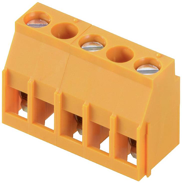 Oranžový svorkovnicový blok se čtyřmi svorkami pro propojení elektrických vodičů.