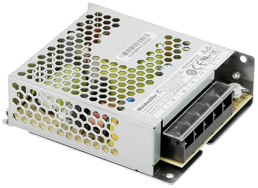 Kovový kryt napájecího zdroje s ventilačními otvory a přípojkami, mimo jiné pro elektrická zařízení nebo počítačový hardware.