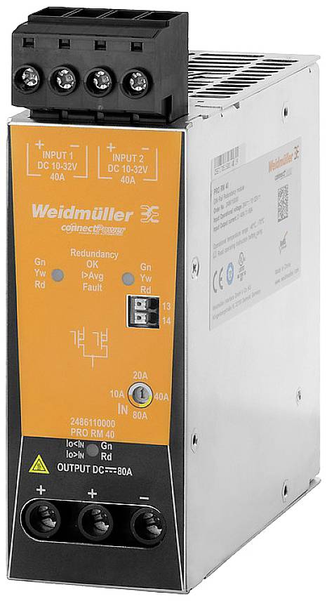 Weidmüller napájecí modul pro redundanci se vstupními a výstupními svorkami, vhodný pro 10-32 V DC a 40 A.