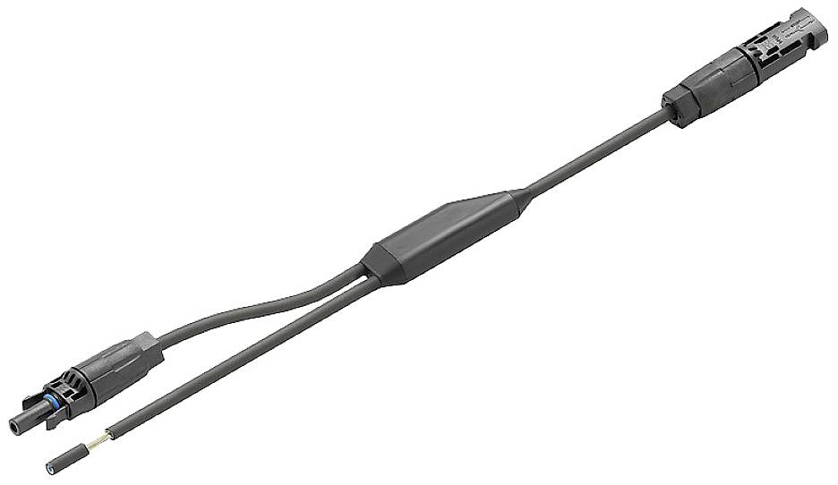 Černý kabel s konektory na obou koncích, vhodný pro propojení solárních modulů.