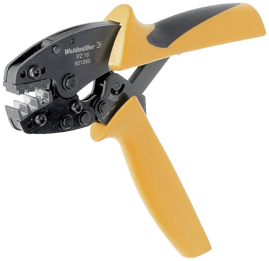 Žluto-černé lisovací kleště od firmy Weidmüller, model PZ 16, jsou zde prezentovány. Jedná se o nástroj určený ke krimplování kabelových ok.