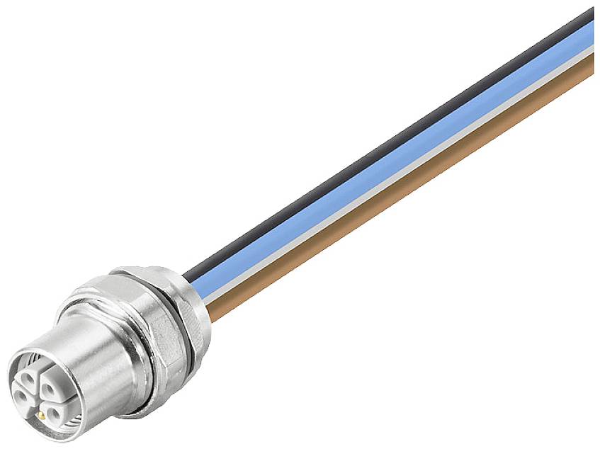 Elektrický kabel se třemi barevnými vodiči (černý, modrý, hnědý) a kovovým konektorem na konci.