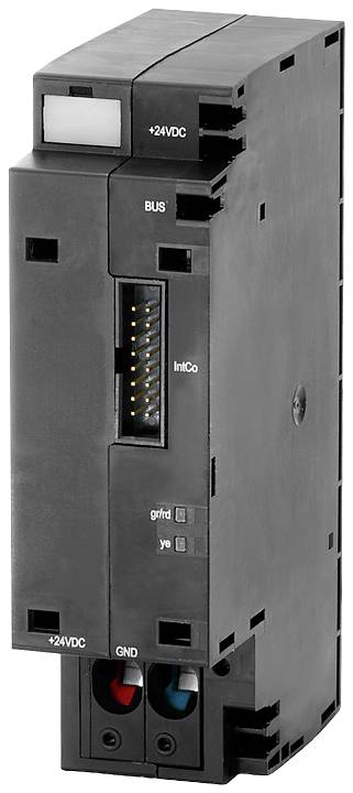 Černá elektrická komponenta s připojovacími svorkami pro '+24VDC', 'GND', 'BUS', 'IntCo'. Vertikálně orientovaná, zobrazující přední a boční pohled.