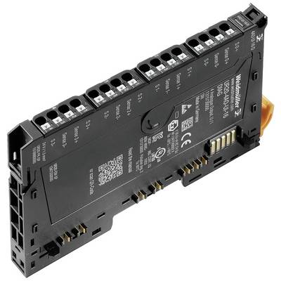 Průmyslový elektronický modul s více konektory, upevněný na DIN lištu. Označený technickými specifikacemi a logem Weidmüller.